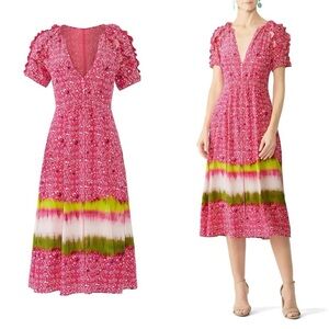TANYA TAYLOR Luciana Tie Dye Ruffled Pink Midi Dress Sz 10